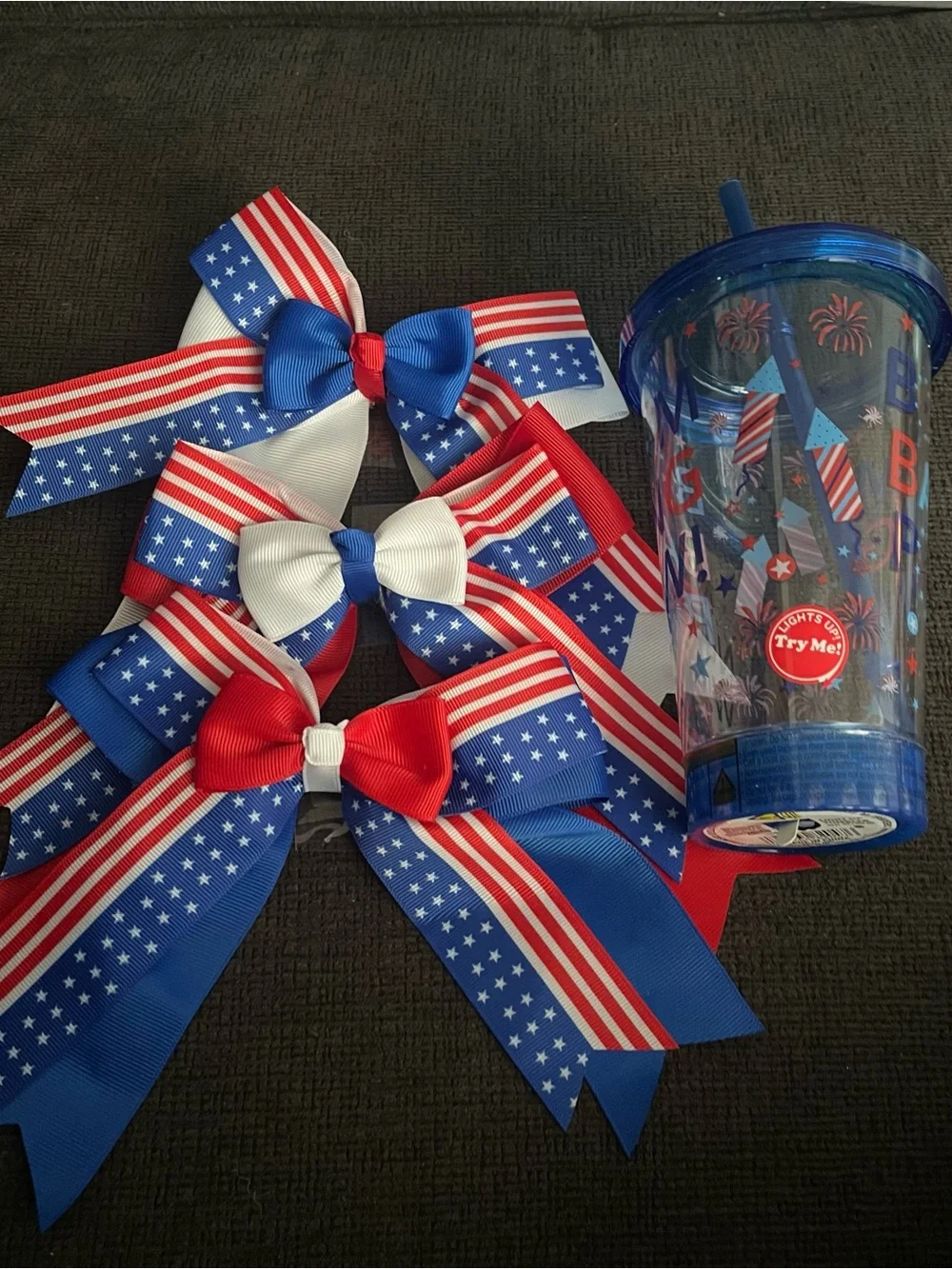 Patriotic Red White Blue Hair Bows & Light Up Tumbler